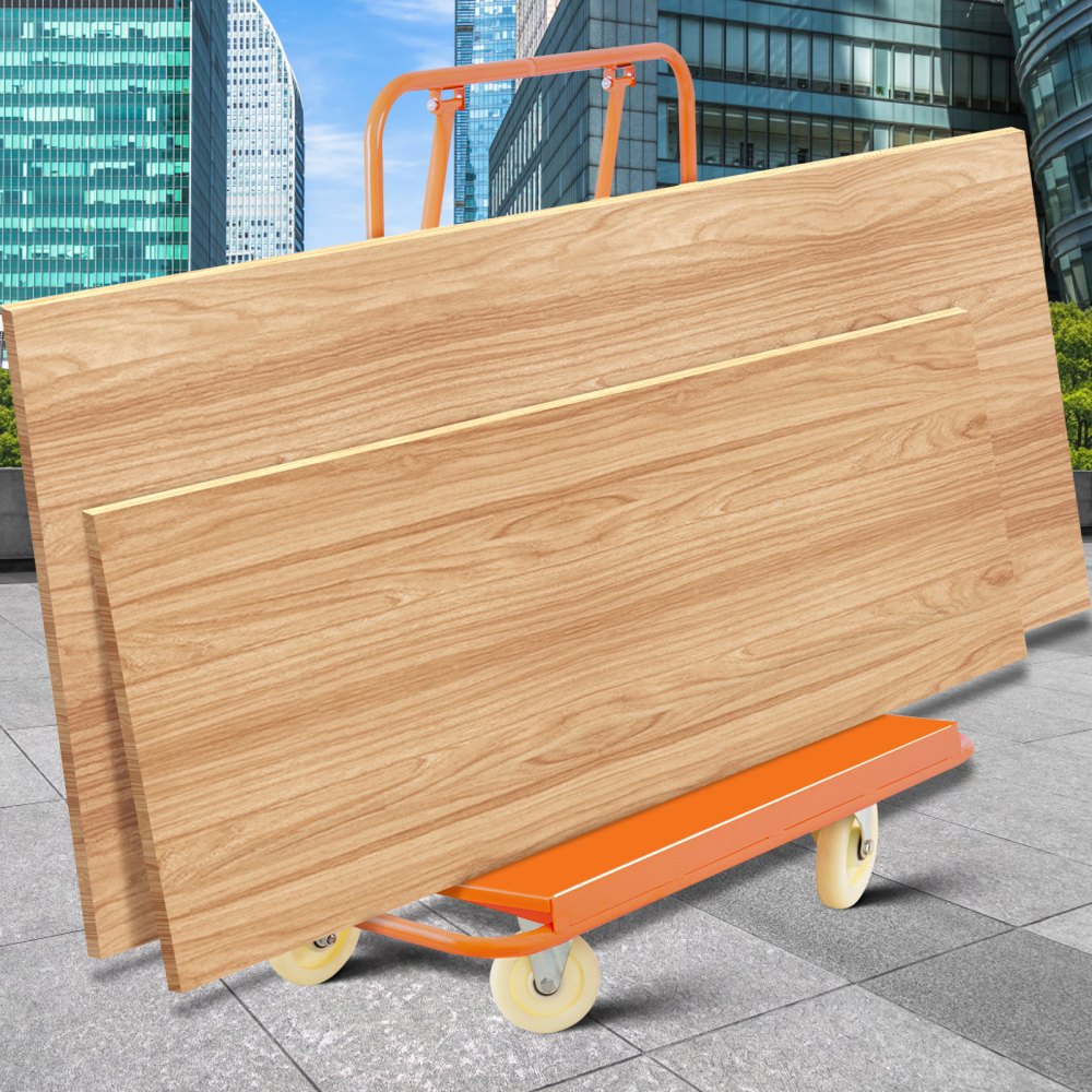 VEVOR drywall cart loaded with wooden panels on urban pavement.