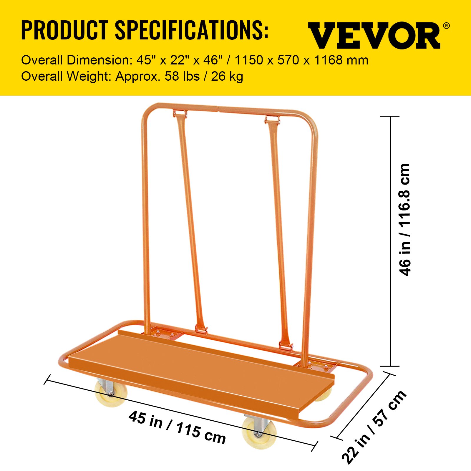 VEVOR drywall cart with 45&quot;x22&quot;x46&quot; dimensions and 58 lbs weight in orange.