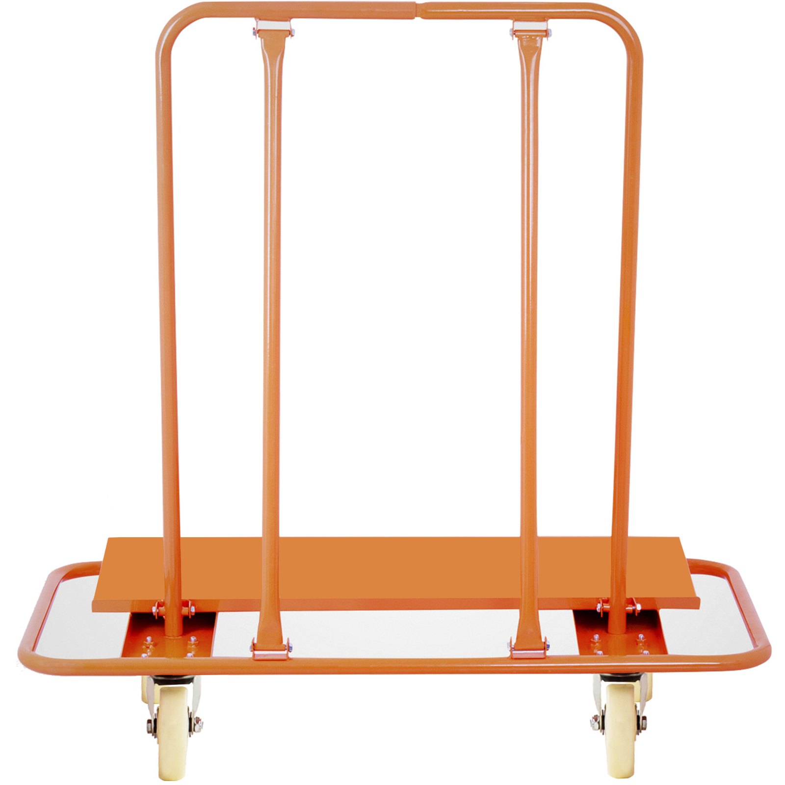 orange VEVOR drywall cart with four wheels and sturdy frame.