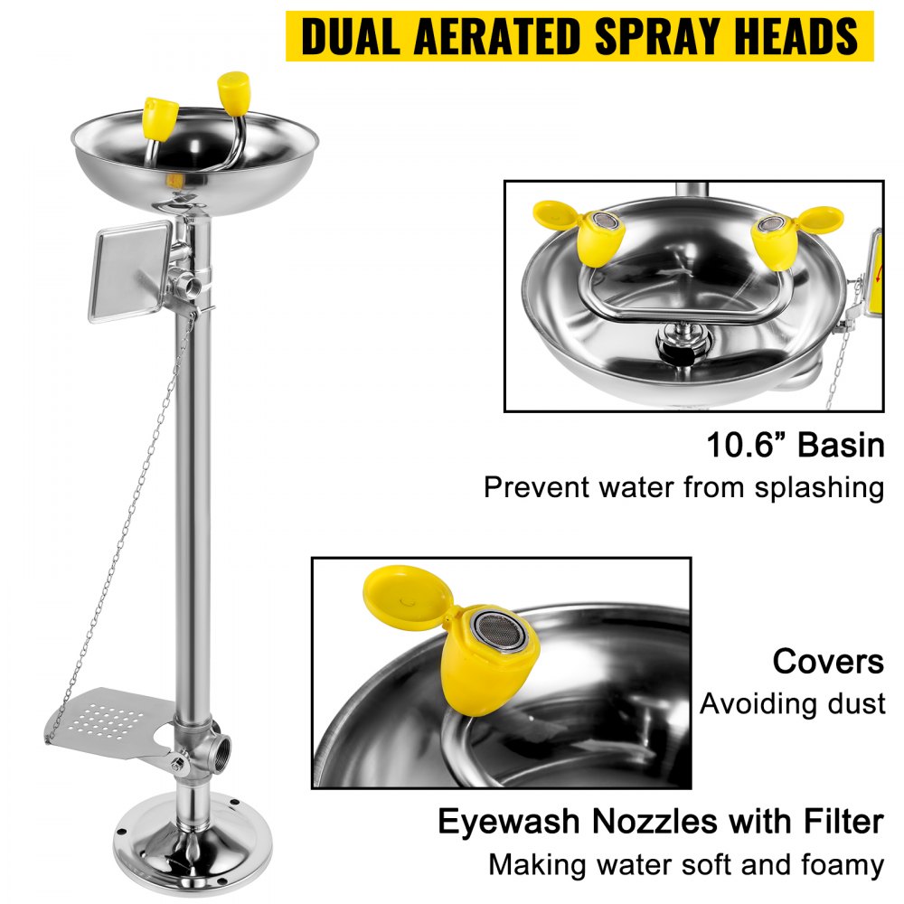 VEVOR Emergency Eyewash Faucet Eye Wash Station Pedestal Mounted Type 304, Pedal