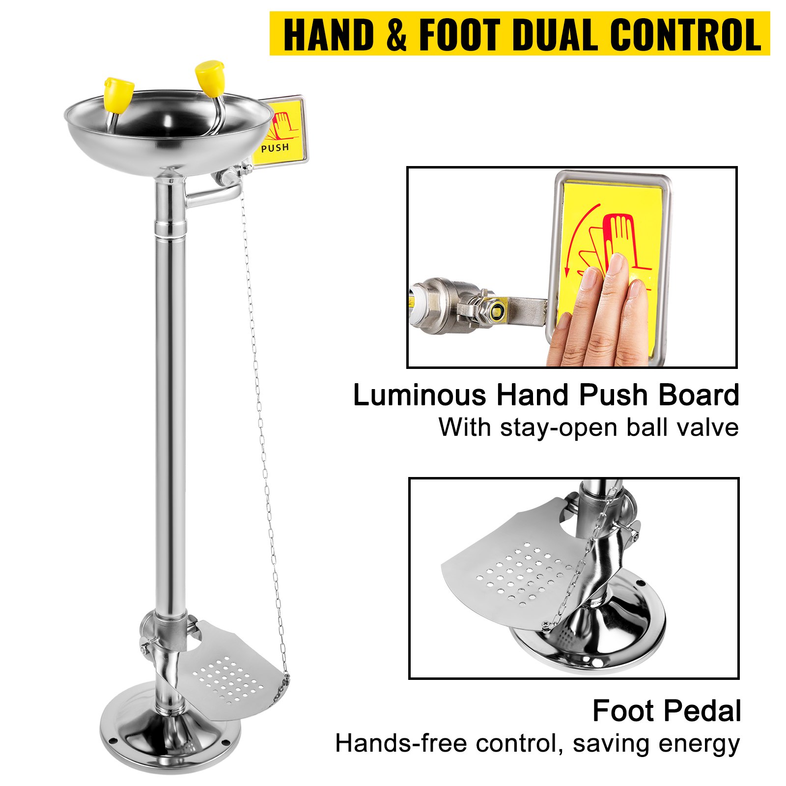 VEVOR Emergency Eyewash Faucet Eye Wash Station Pedestal Mounted Type 304, Pedal