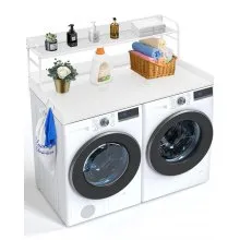 Washer Dryer Countertop for the Top, Wood Washer Dryer Topper with 2-Tier Shelf Universal Fit, Laundry Countertop with Edge Rails, 54" Width x 27" Depth Laundry Counter Storage Organization, White
