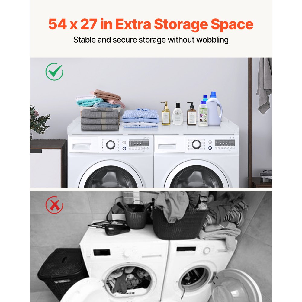 VEVOR Washer Dryer Countertop, 54" x 27" Wooden Washer and Dryer Countertop, Water-Resistant Laundry Machine Topper Cover with Anti-Slip Pads, for Laundry Room Organization and Storage, White