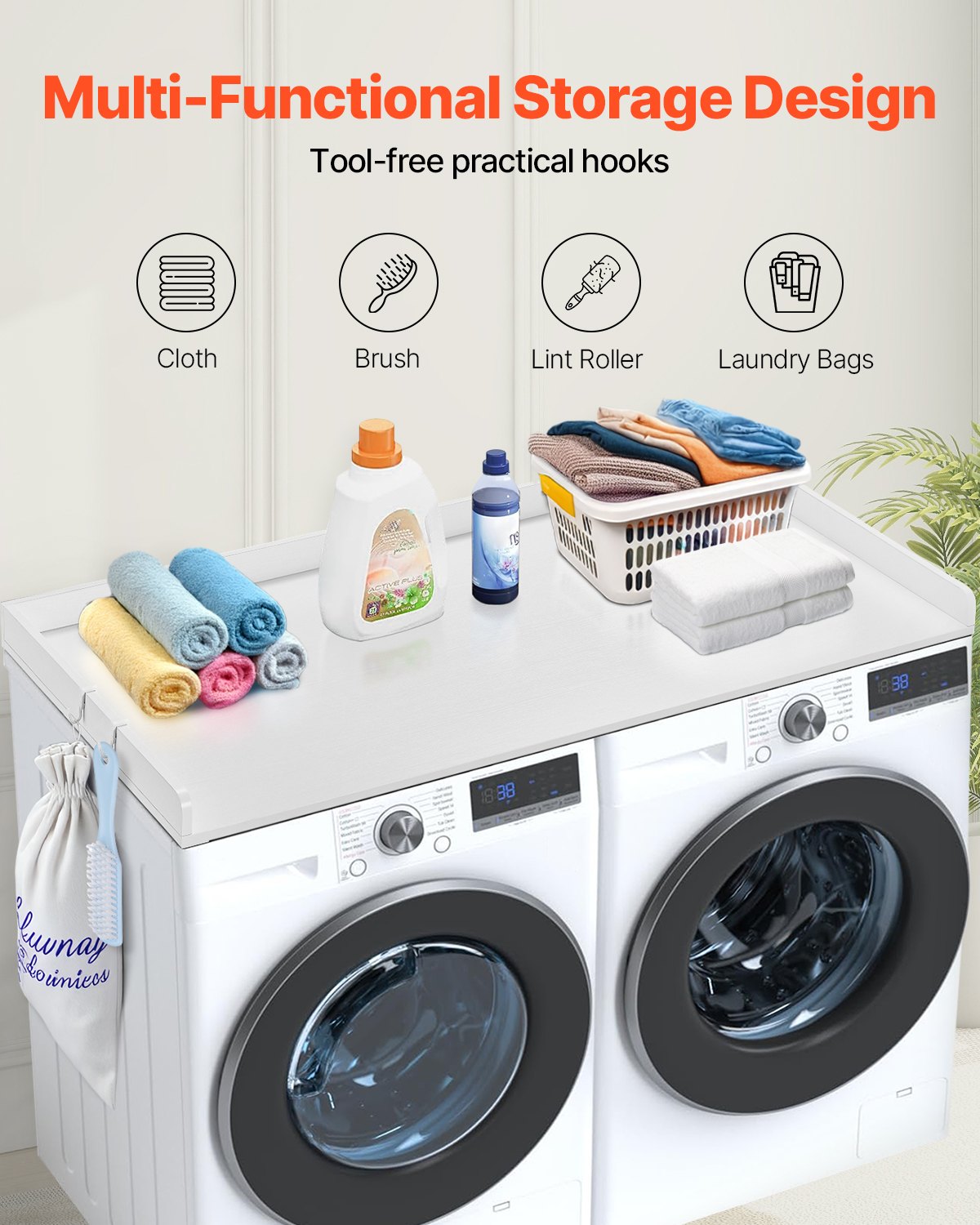 VEVOR Washer Dryer Countertop, 54" x 27" Wooden Washer and Dryer Countertop, Water-Resistant Laundry Machine Topper Cover with Anti-Slip Pads, for Laundry Room Organization and Storage, White