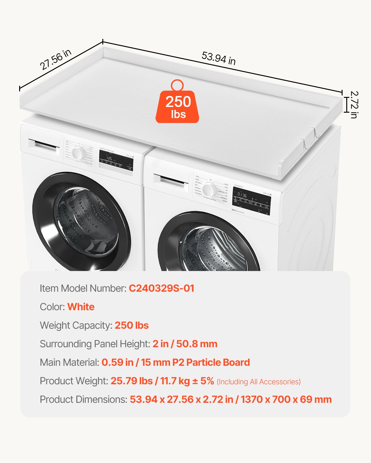 VEVOR Washer Dryer Countertop, 54" x 27" Wooden Washer and Dryer Countertop, Water-Resistant Laundry Machine Topper Cover with Anti-Slip Pads, for Laundry Room Organization and Storage, White