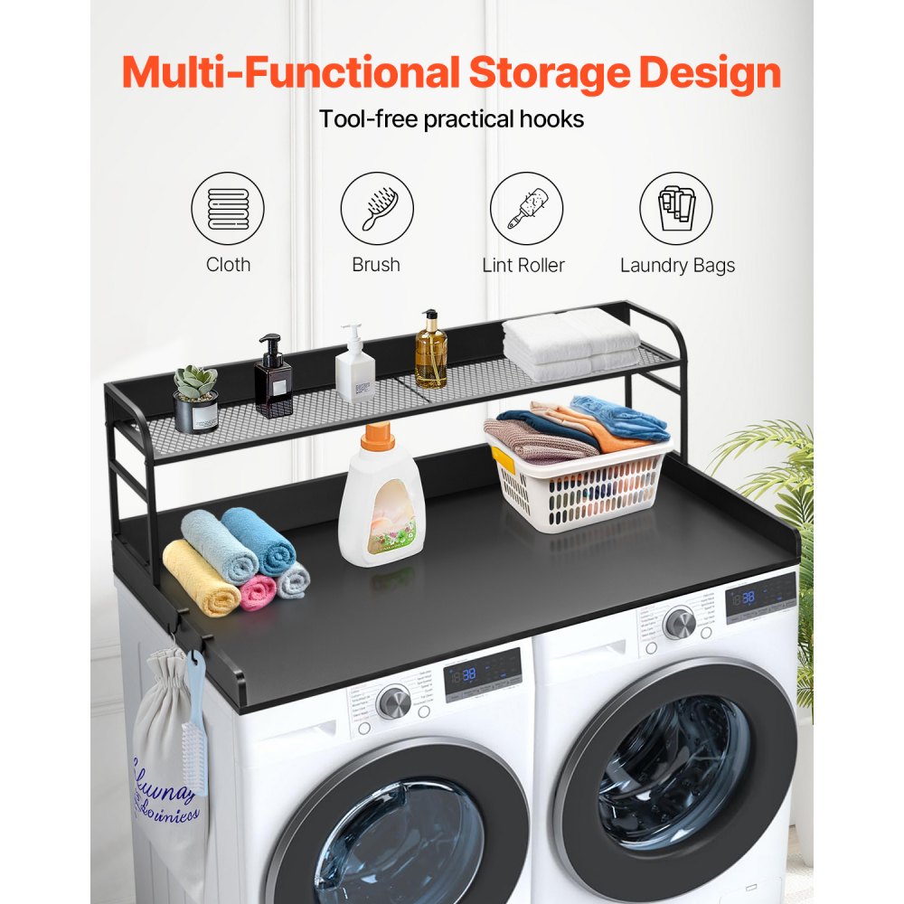 VEVOR Washer Dryer Countertop with 2-Tier Shelf, 54" x 27" Wooden Washer and Dryer Countertop with Anti-Slip Pads, Water-Resistant Laundry Topper Cover for Laundry Room Organization and Storage, Black