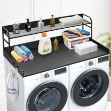 Washer Dryer Countertop with Shelf, 27.55" Depth x 54" Width Laundry Wood Top Cover with Anti-slip Strips, over Washer and Dryer Wood Countertop with Edge Rails, Black