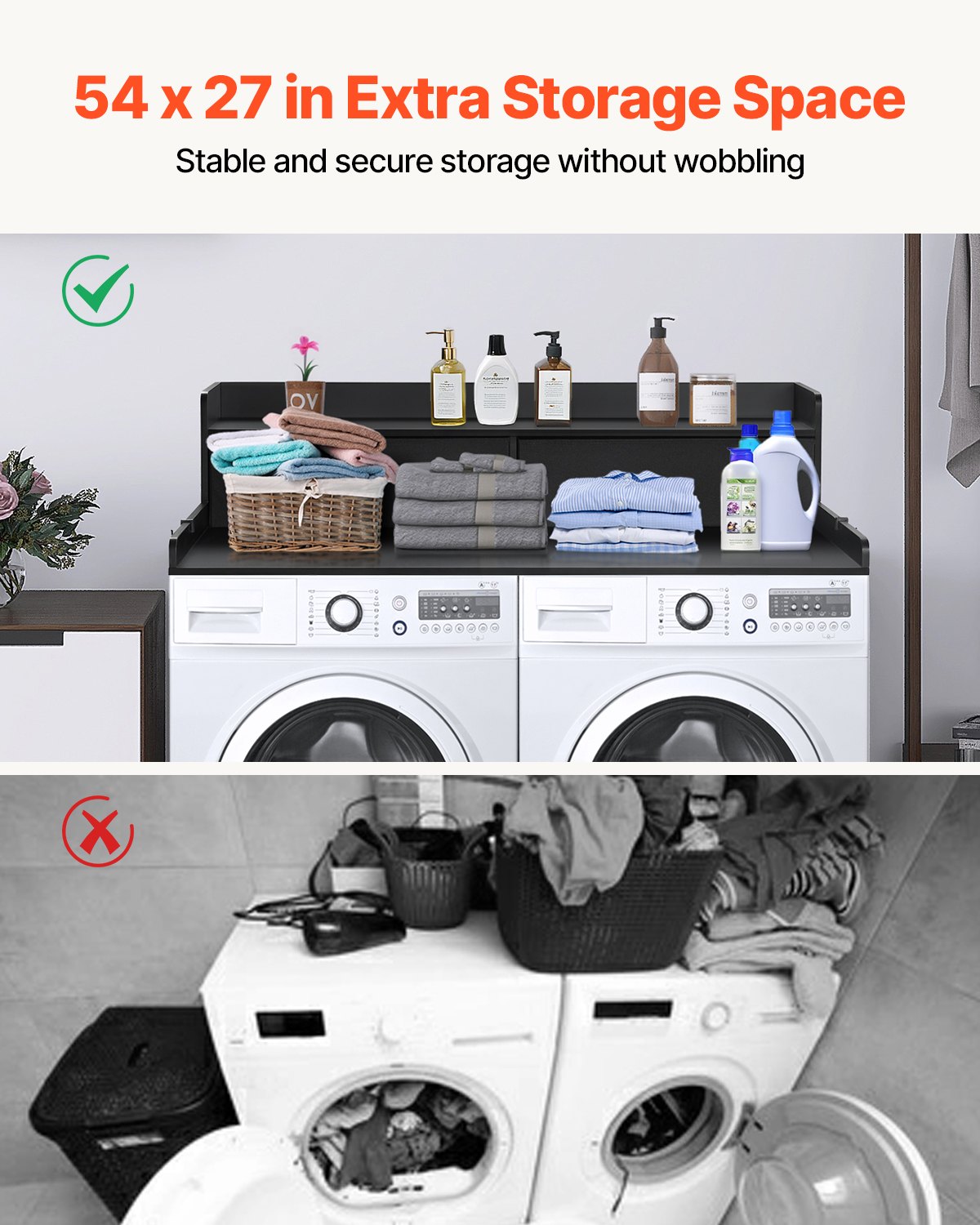 VEVOR 2 Drawers Washer Dryer Countertop with 2-Tier Shelf, 54" x 27" Wooden Washer and Dryer Countertop with Non-Slip Pads, Water-Resistant Laundry Topper for Laundry Room Organization, Black