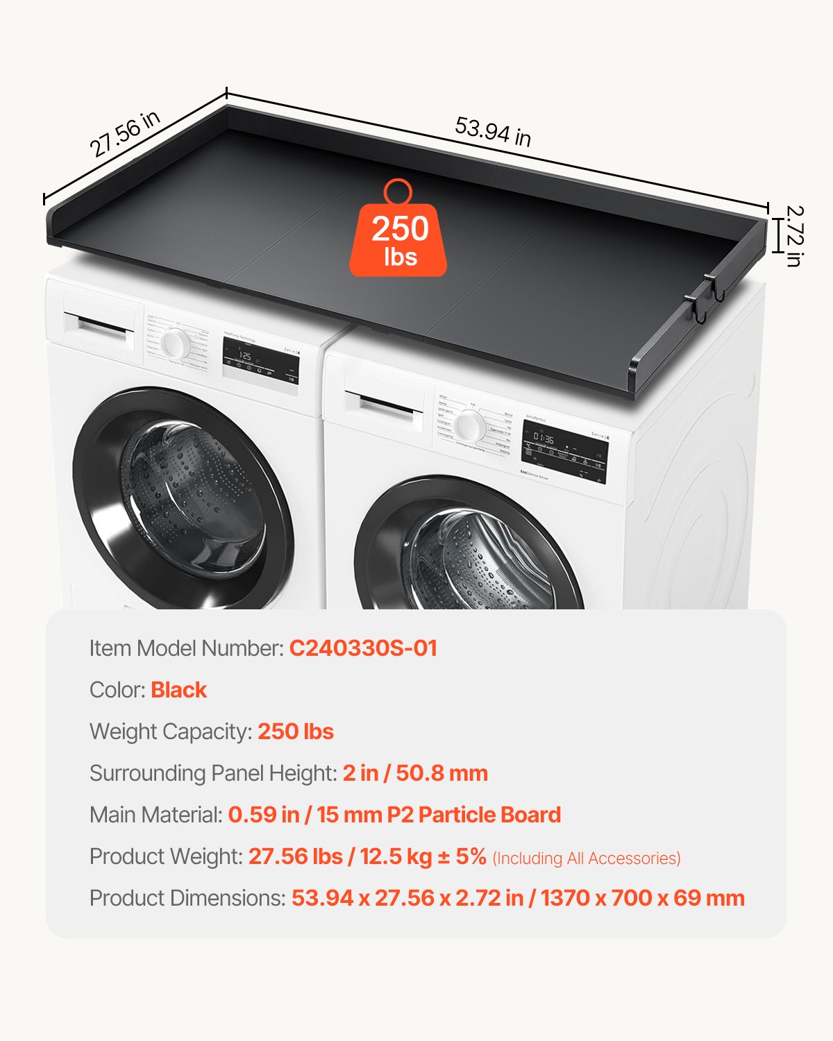 VEVOR Washer Dryer Countertop with 3 Splicing Panels, 54" x 27" Wooden Washer and Dryer Countertop with Non-Slip Pads, Water-Resistant Laundry Topper for Laundry Room Organization and Storage, Black