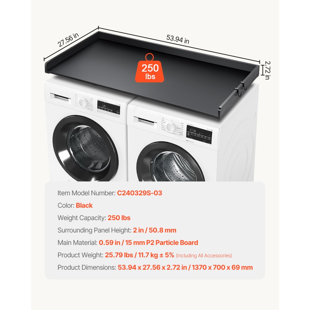VEVOR Washer Dryer Countertop, 54" x 27" Wooden Washer and Dryer Countertop, Water-Resistant Laundry Machine Topper Cover with Anti-Slip Pads, for Laundry Room Organization and Storage, Black