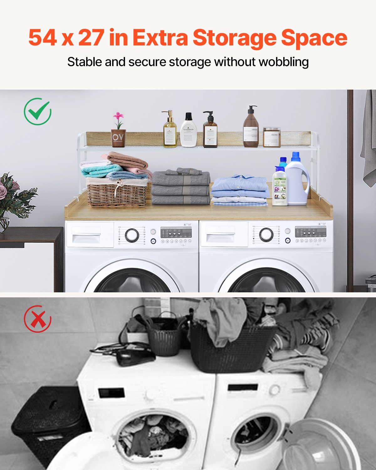 VEVOR Washer Dryer Countertop with 2-Tier Shelf, 54" x 27" Wooden Washer and Dryer Countertop with Anti-Slip Pads, Water-Resistant Laundry Topper Cover for Laundry Room Organization and Storage, Oak