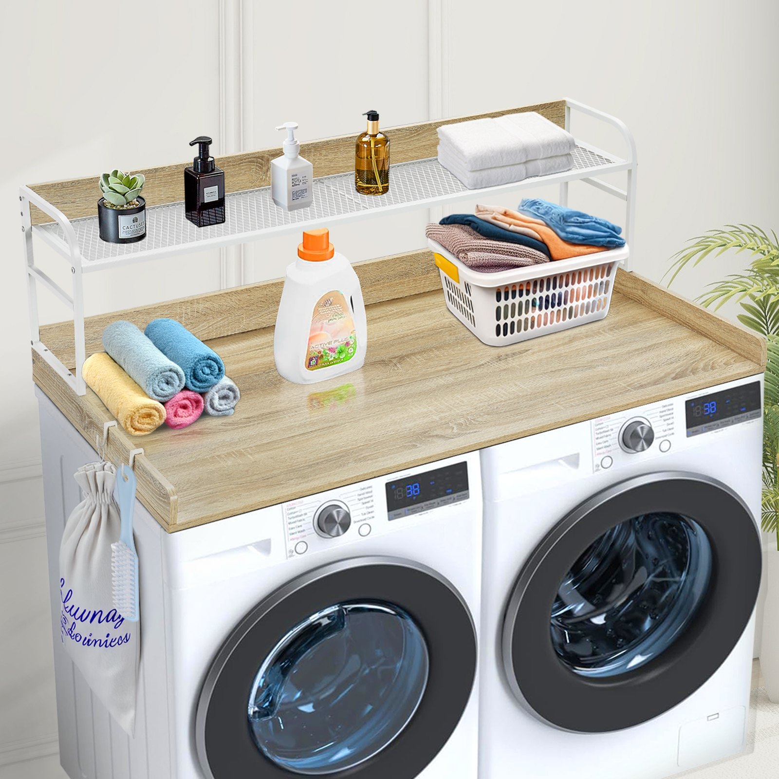 VEVOR Washer Dryer Countertop with 2-Tier Shelf, 54" x 27" Wooden Washer and Dryer Countertop with Anti-Slip Pads, Water-Resistant Laundry Topper Cover for Laundry Room Organization and Storage, Oak