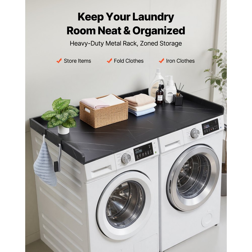 VEVOR Washer Dryer Countertop, 137 x 69.9 cm Marble Washer and Dryer Topper with Edge & Hooks, Water-Resistant Laundry Machine Topper for Laundry Closet Pantry Counter Organization and Storage, Black