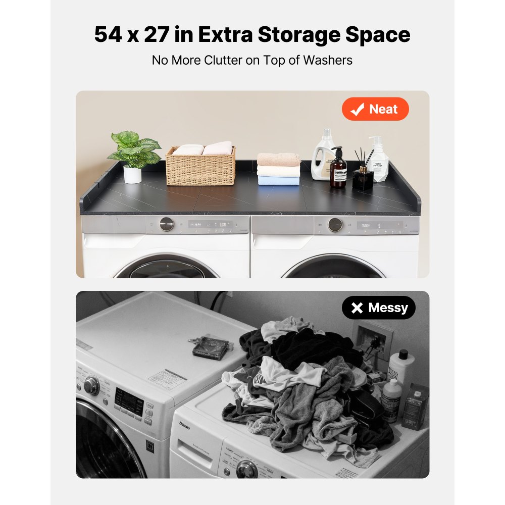 VEVOR Washer Dryer Countertop, 137 x 69.9 cm Marble Washer and Dryer Topper with Edge & Hooks, Water-Resistant Laundry Machine Topper for Laundry Closet Pantry Counter Organization and Storage, Black