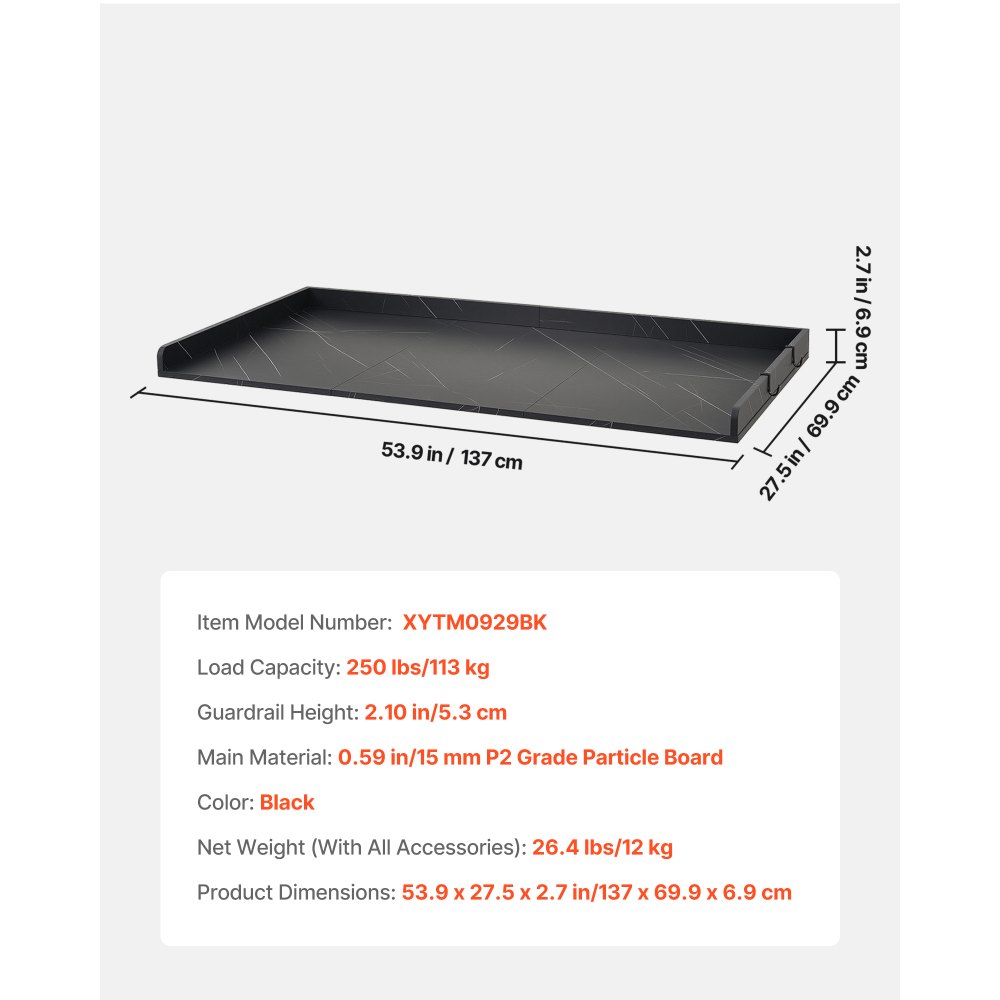 VEVOR Washer Dryer Countertop, 137 x 69.9 cm Marble Washer and Dryer Topper with Edge & Hooks, Water-Resistant Laundry Machine Topper for Laundry Closet Pantry Counter Organization and Storage, Black