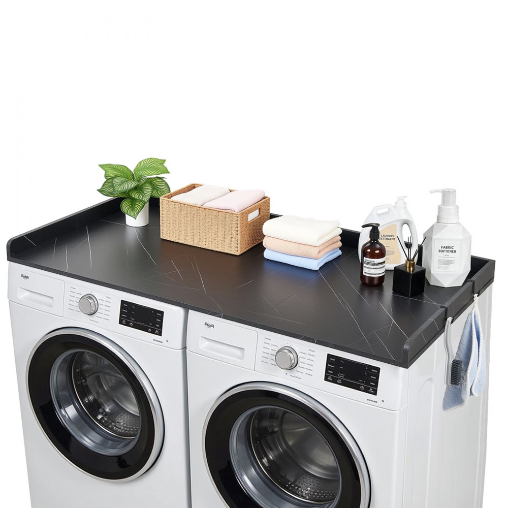 VEVOR Washer Dryer Countertop, 137 x 69.9 cm Marble Washer and Dryer Topper with Edge & Hooks, Water-Resistant Laundry Machine Topper for Laundry Closet Pantry Counter Organization and Storage, Black