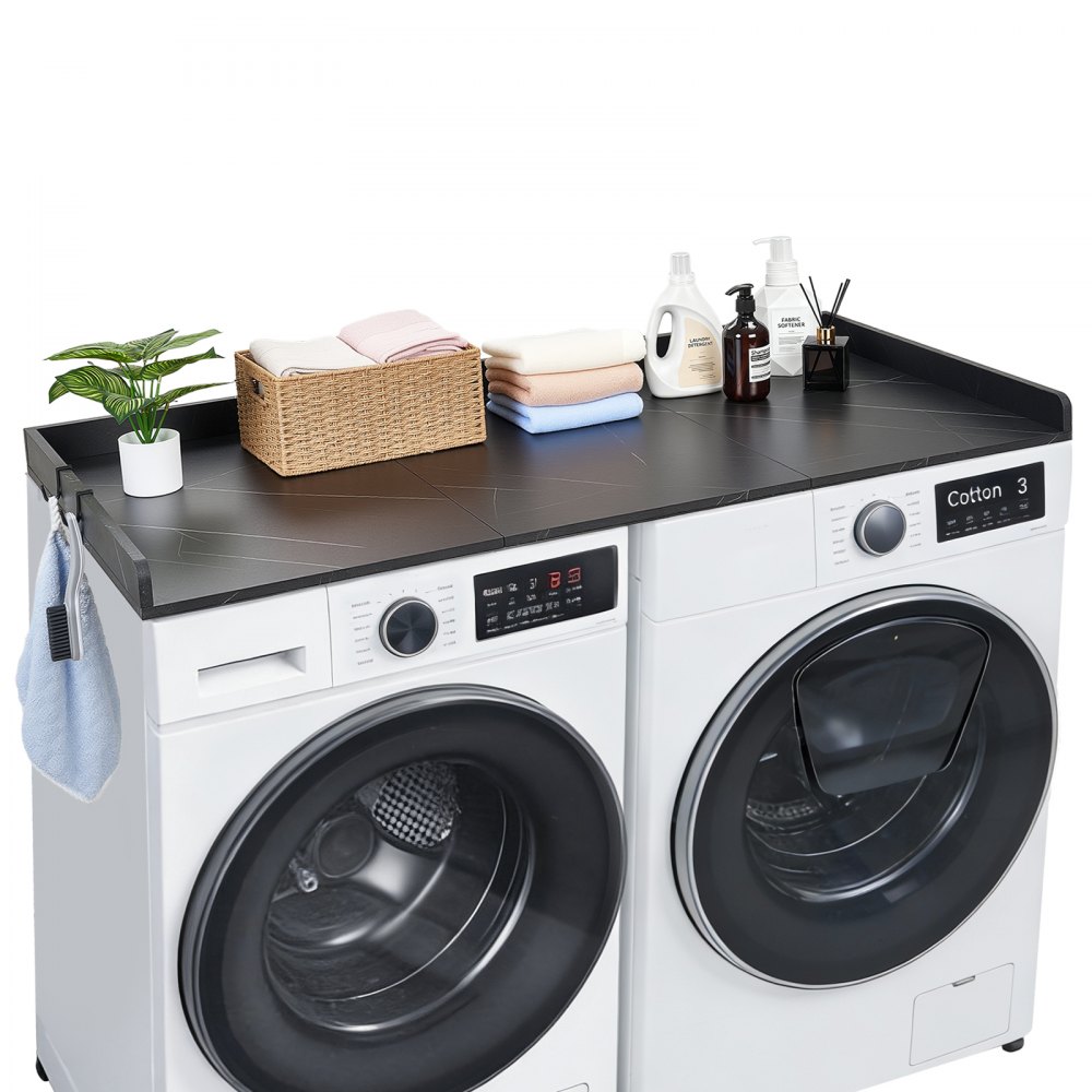 VEVOR Washer Dryer Countertop, 137 x 69.9 cm Marble Washer and Dryer Topper with Edge & Hooks, Water-Resistant Laundry Machine Topper for Laundry Closet Pantry Counter Organization and Storage, Black