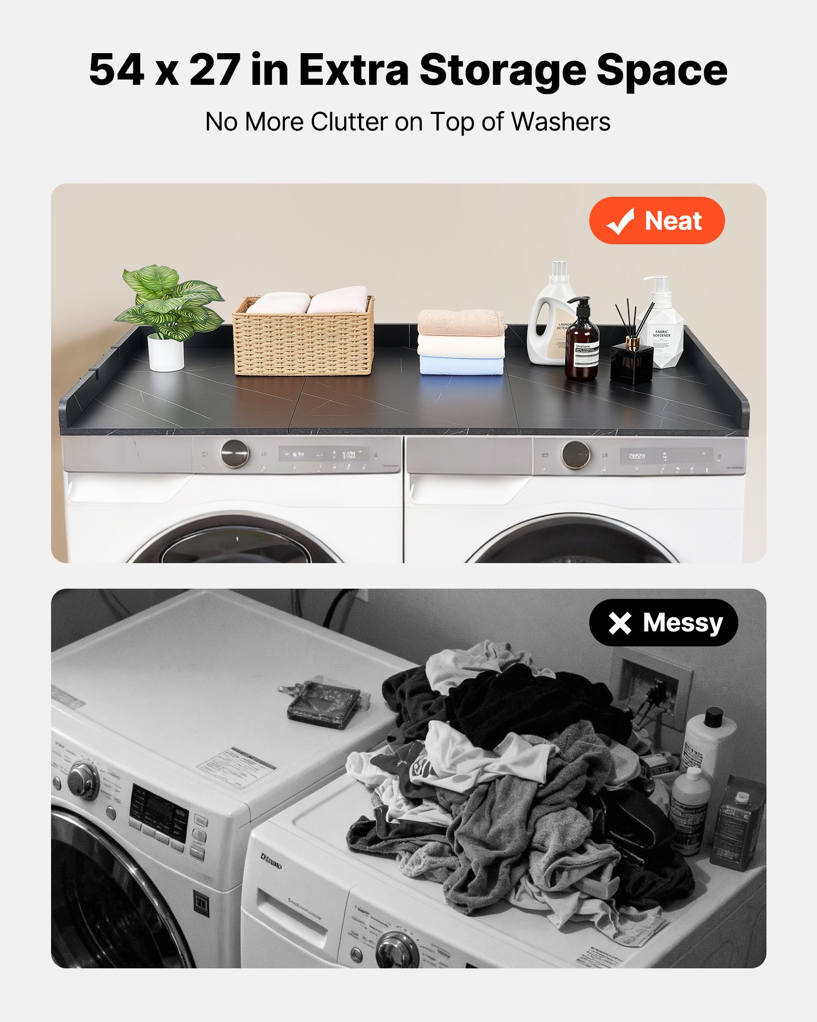 VEVOR Washer Dryer Countertop, 137 x 69.9 cm Marble Washer and Dryer Topper with Edge & Hooks, Water-Resistant Laundry Machine Topper for Laundry Closet Pantry Counter Organization and Storage, Black
