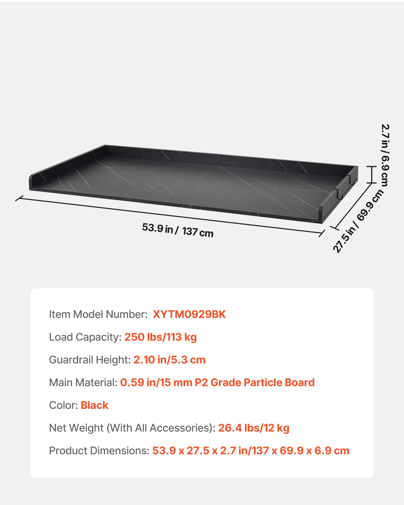 VEVOR Washer Dryer Countertop, 137 x 69.9 cm Marble Washer and Dryer Topper with Edge & Hooks, Water-Resistant Laundry Machine Topper for Laundry Closet Pantry Counter Organization and Storage, Black