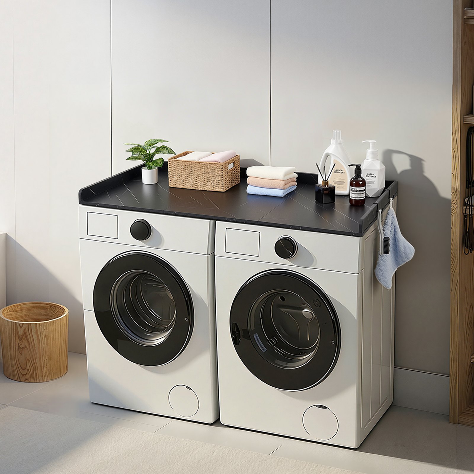 VEVOR Washer Dryer Countertop, 137 x 69.9 cm Marble Washer and Dryer Topper with Edge & Hooks, Water-Resistant Laundry Machine Topper for Laundry Closet Pantry Counter Organization and Storage, Black