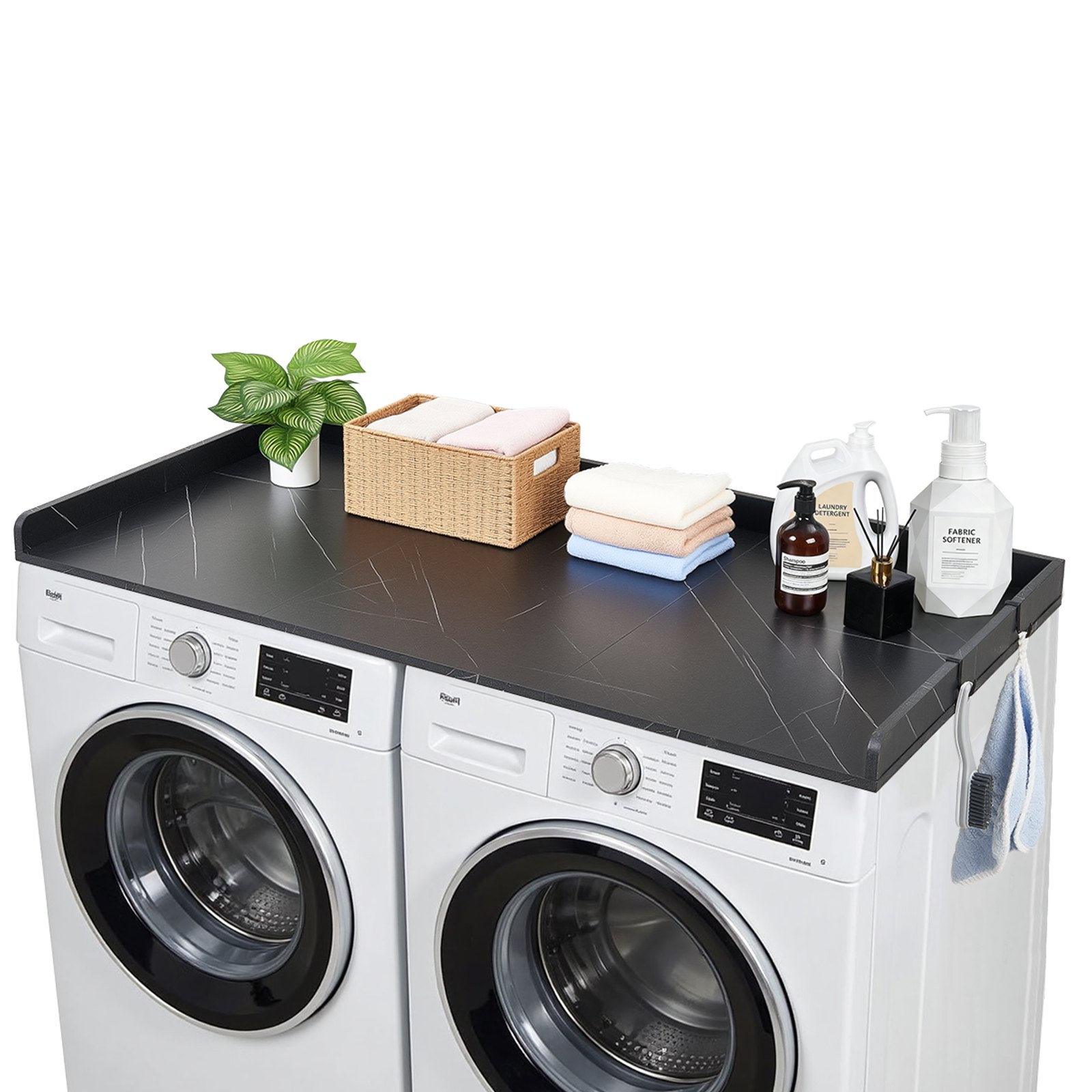 VEVOR Washer Dryer Countertop, 137 x 69.9 cm Marble Washer and Dryer Topper with Edge & Hooks, Water-Resistant Laundry Machine Topper for Laundry Closet Pantry Counter Organization and Storage, Black