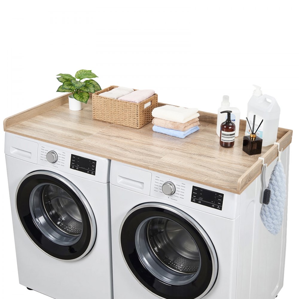 VEVOR Washer Dryer Countertop, 137 x 69.9 cm Wooden Washer and Dryer Topper with Edge & 2 Hooks, Water-Resistant Laundry Machine Topper for Laundry Closet Pantry Counter Organization and Storage, Oak