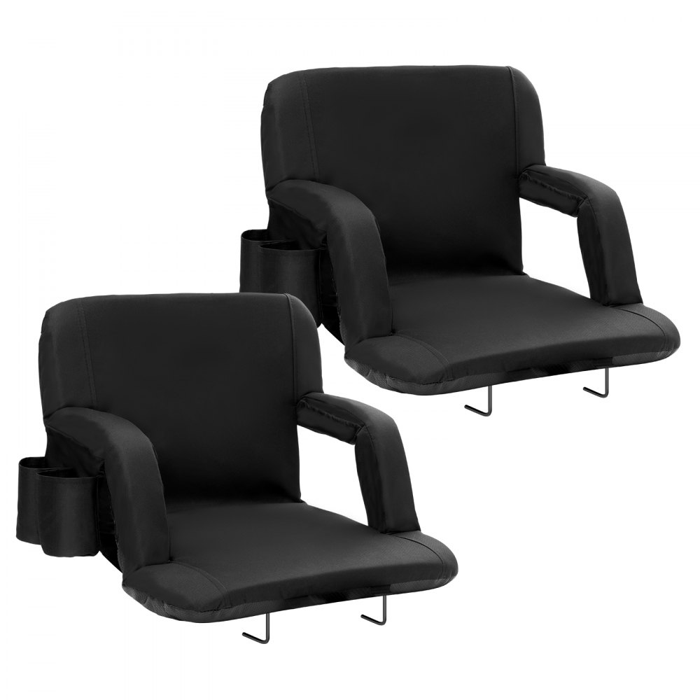 pair of black VEVOR stadium seats with armrests and cup holders.