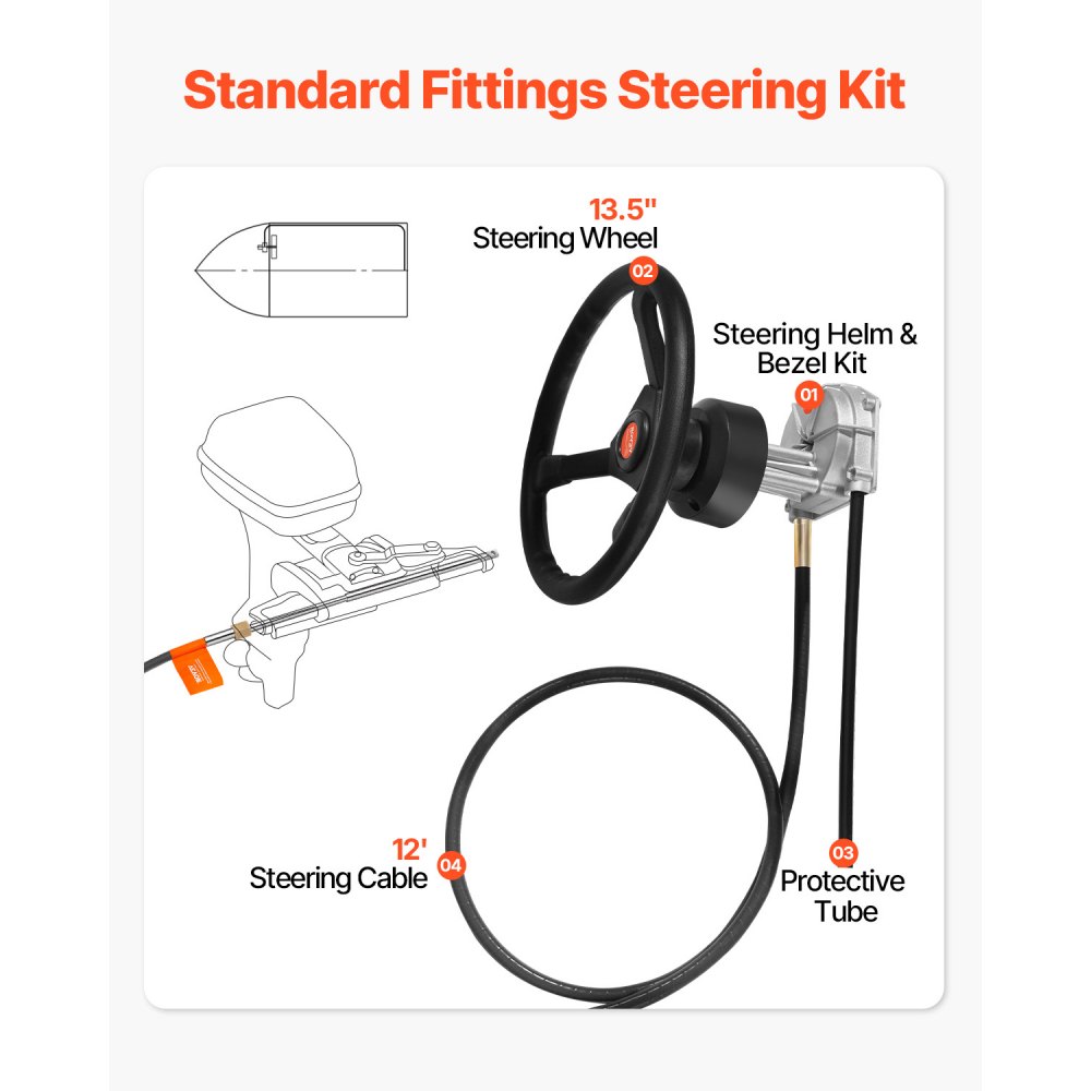 VEVOR Boat Steering Cable 12' Outboard Steering Cable 12 Feet Mechanical Rotary Steering Kit with 13 Inch Wheel for Boat Steering System