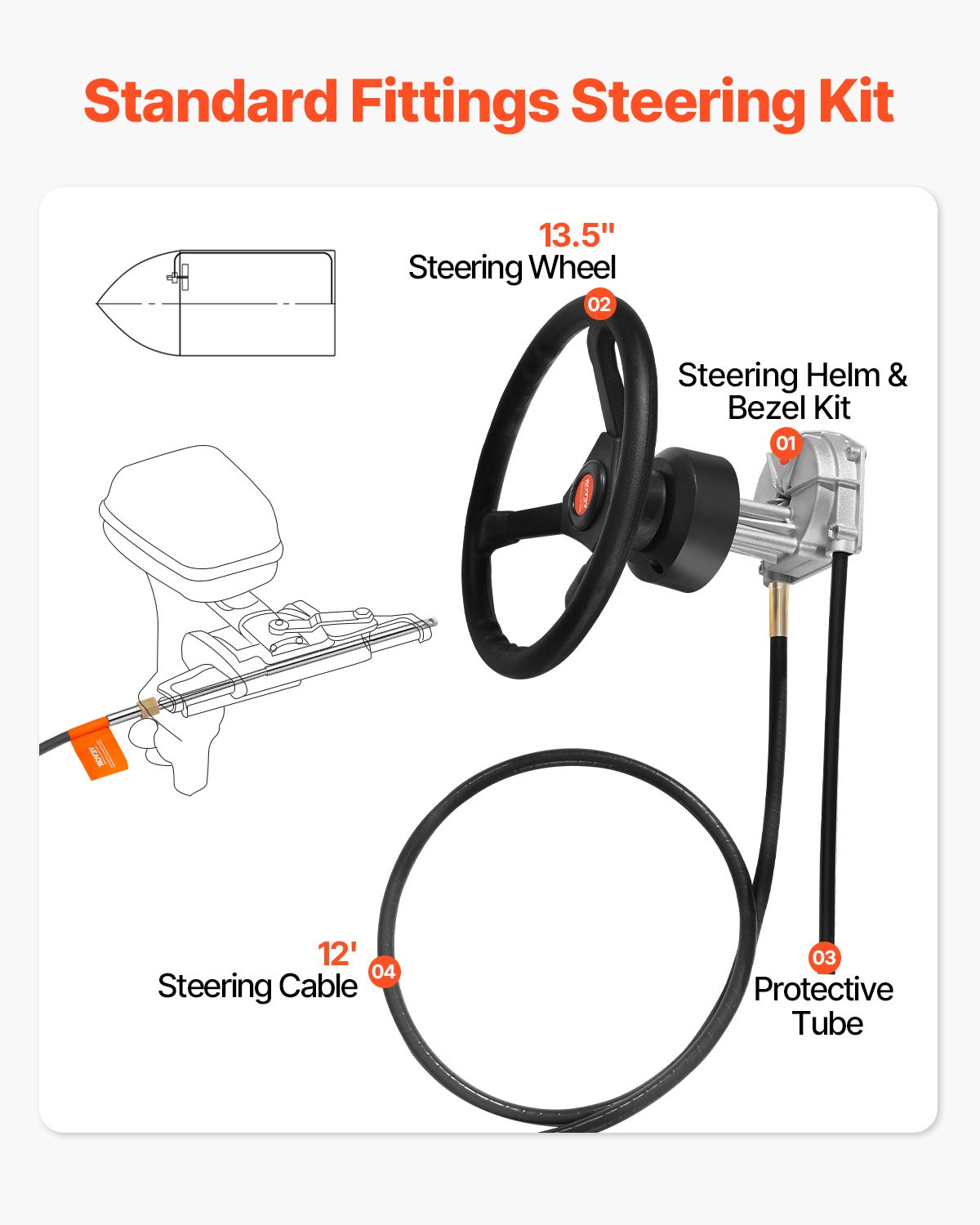 VEVOR Boat Steering Cable 12' Outboard Steering Cable 12 Feet Mechanical Rotary Steering Kit with 13 Inch Wheel for Boat Steering System