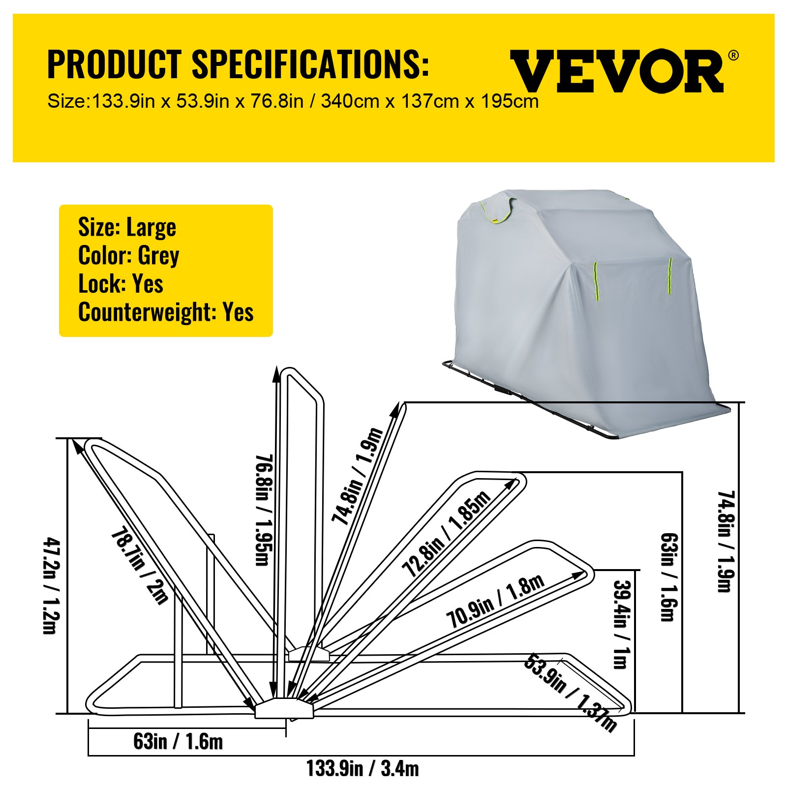 VEVOR Motorcycle Shelter, Waterproof Motorcycle Cover, Heavy Duty Motorcycle Shelter Shed, 420D Oxford Motorbike Shed Anti-UV, 133.9"x53.9"x76.8" Grey Shelter Storage Garage Tent w/ Lock & Weight Bag
