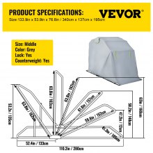 VEVOR Motorcycle Shelter, Waterproof Motorcycle Cover, Heavy Duty Motorcycle Shelter Shed, 420D Oxford Motorbike Shed Anti-UV, 110.2\"x41.3\"x63.8\" Grey Shelter Storage Garage Tent with Lock & Weight