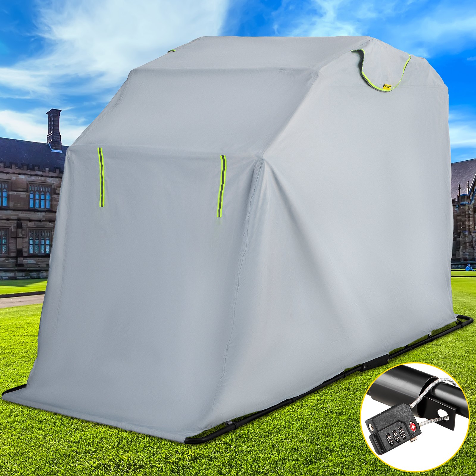VEVOR Motorcycle Shelter, Waterproof Motorcycle Cover, Heavy Duty Motorcycle Shelter Shed, 420D Oxford Motorbike Shed Anti-UV, 110.2\"x41.3\"x63.8\" Grey Shelter Storage Garage Tent with Lock & Weight