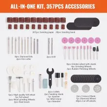 Kit de accesorios para herramientas rotativas VEVOR, kit de accesorios de 357 piezas, vástago de 1/8" de diámetro, juego de accesorios para herramientas rotativas eléctricas de ajuste universal para esmerilar, tallar, lijar, cortar y taladrar