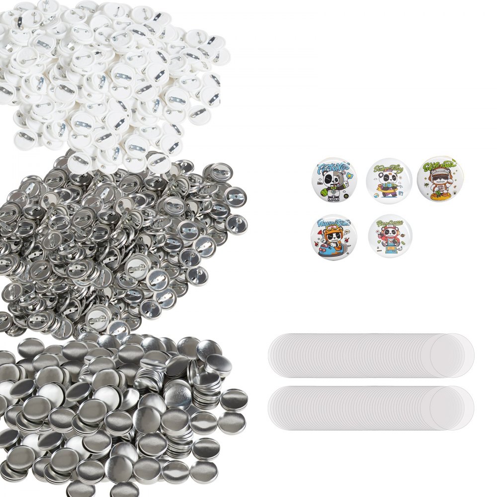 VEVOR button badge parts, metal backs, mylar sheets, and colorful pin designs on a white background