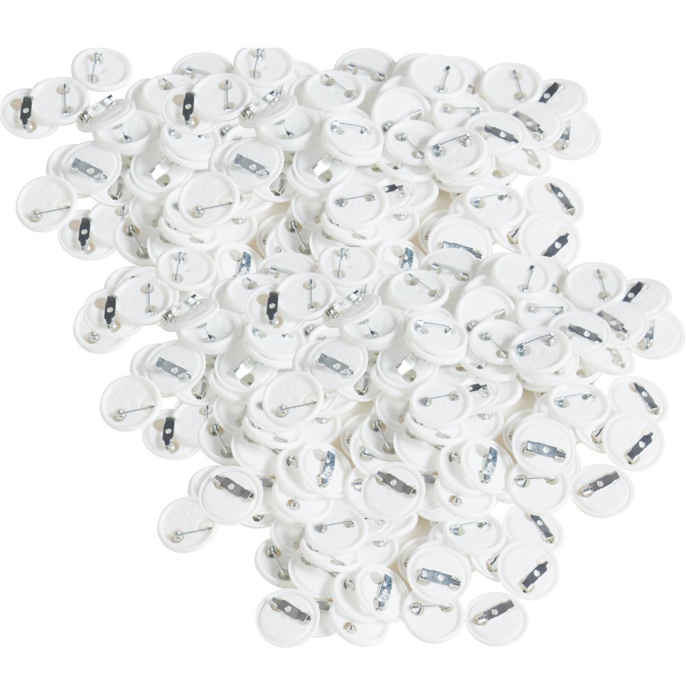 white VEVOR button badge parts in bulk with metal safety pins.