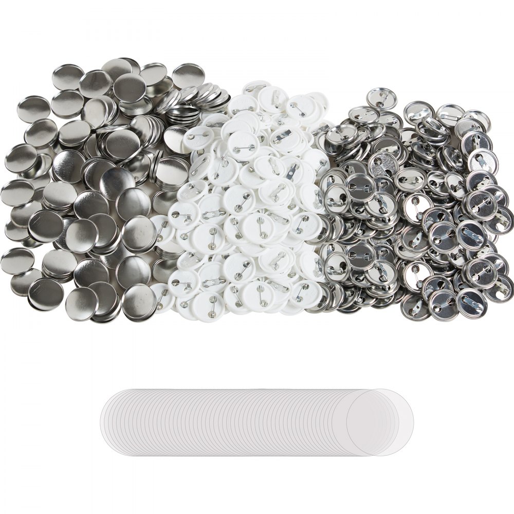 VEVOR button badge parts including metal fronts, backs with pins, and blank paper inserts organized in rows.