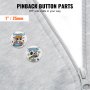 pinback button parts on a gray zip-up hoodie, featuring cartoon designs, 1&quot; / 25mm size.
