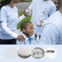 people wearing blue shirts hand out water bottles, showcasing VEVOR button badge parts at the bottom.