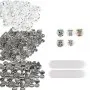 VEVOR button badge parts, metal backs, mylar sheets, and colorful pin designs on a white background