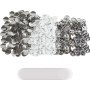 VEVOR button badge parts including metal fronts, backs with pins, and blank paper inserts organized in rows.