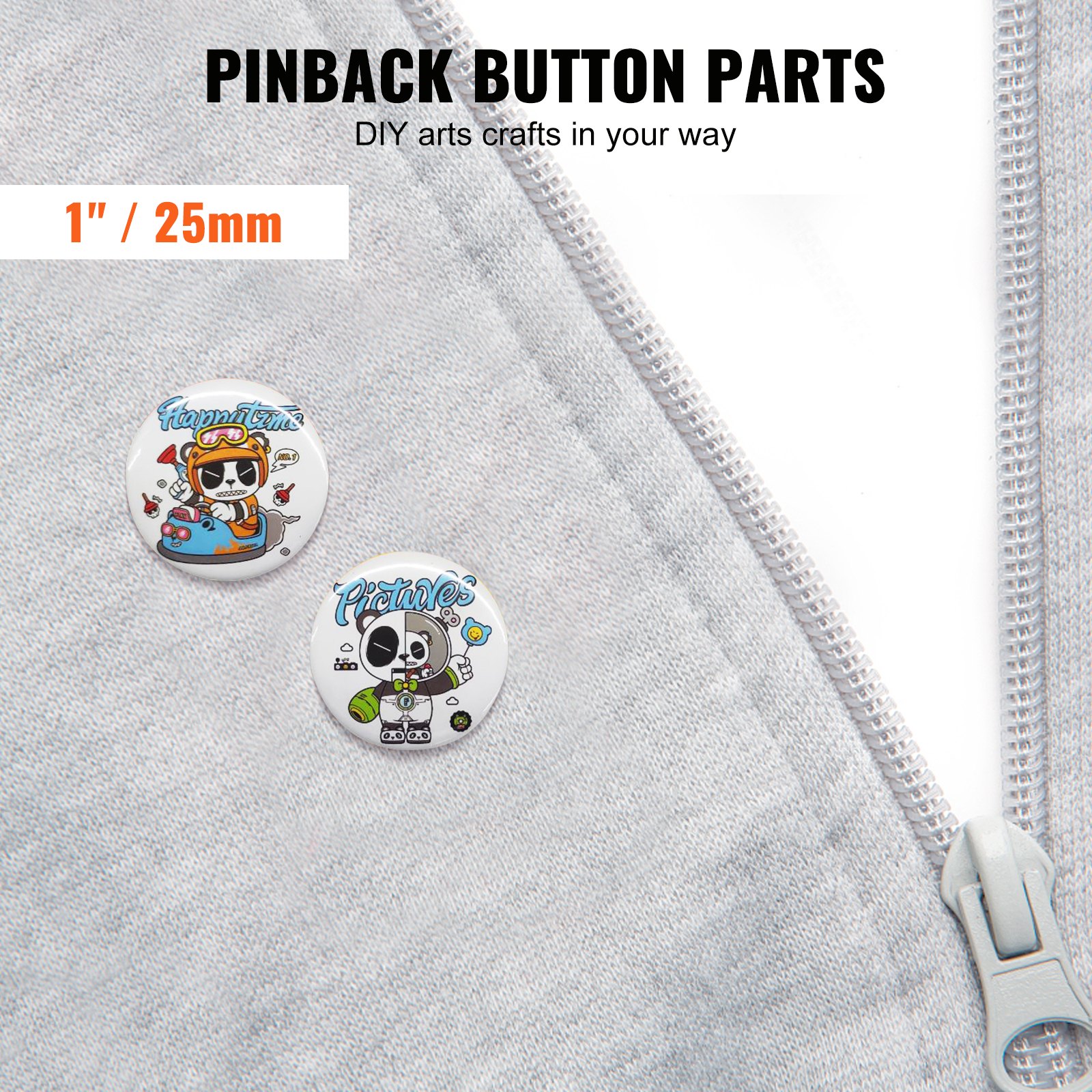 pinback button parts on a gray zip-up hoodie, featuring cartoon designs, 1&quot; / 25mm size.