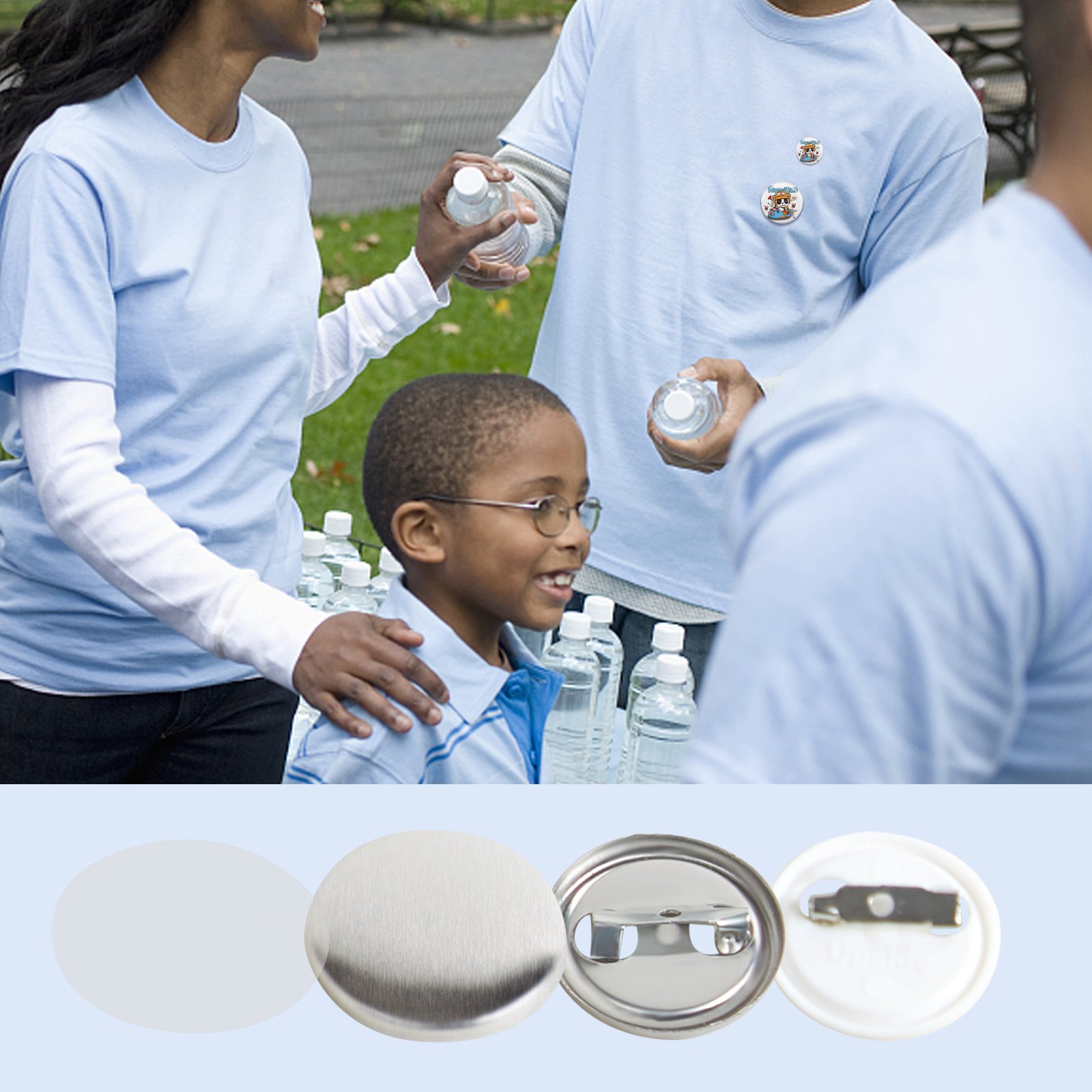 people wearing blue shirts hand out water bottles, showcasing VEVOR button badge parts at the bottom.