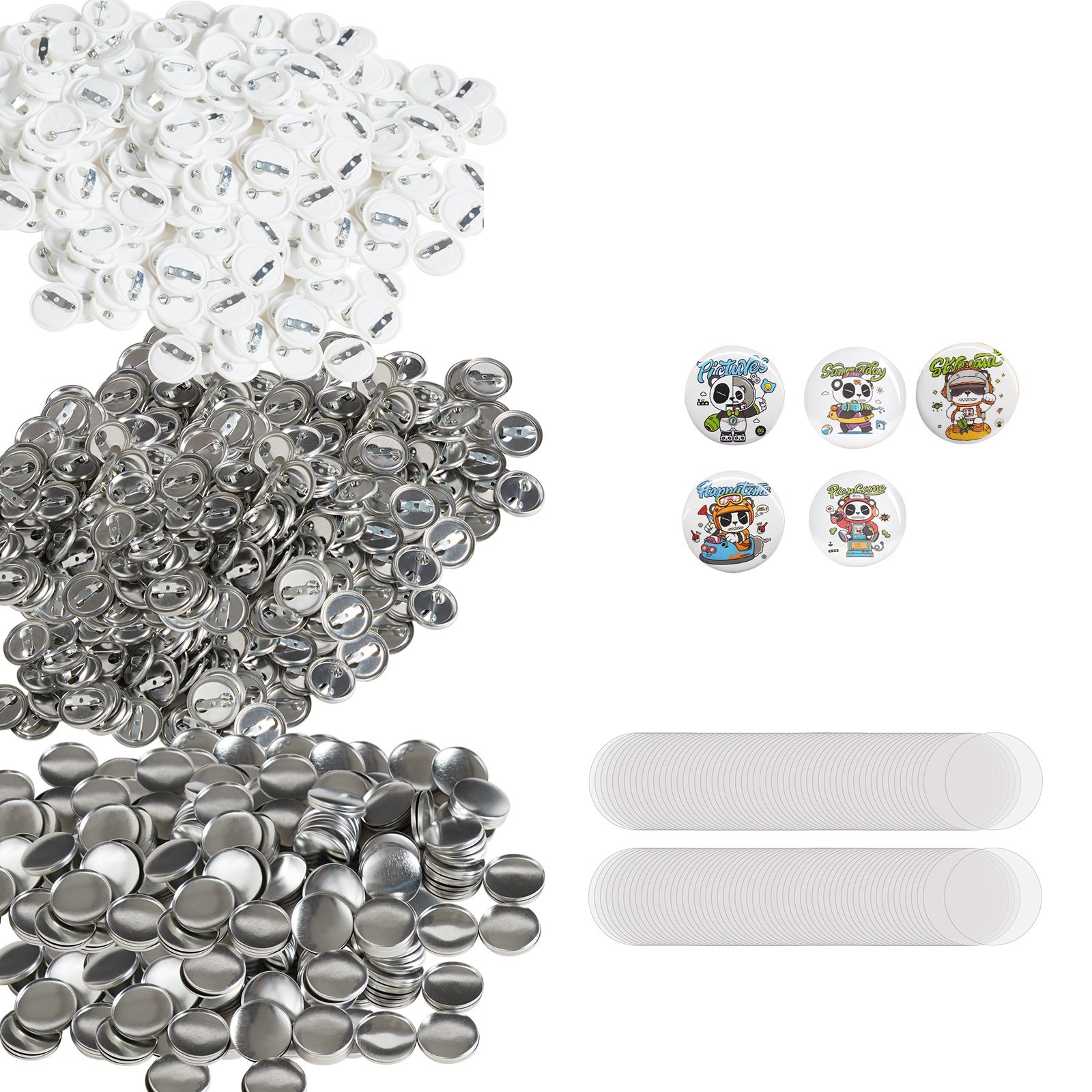 VEVOR button badge parts, metal backs, mylar sheets, and colorful pin designs on a white background
