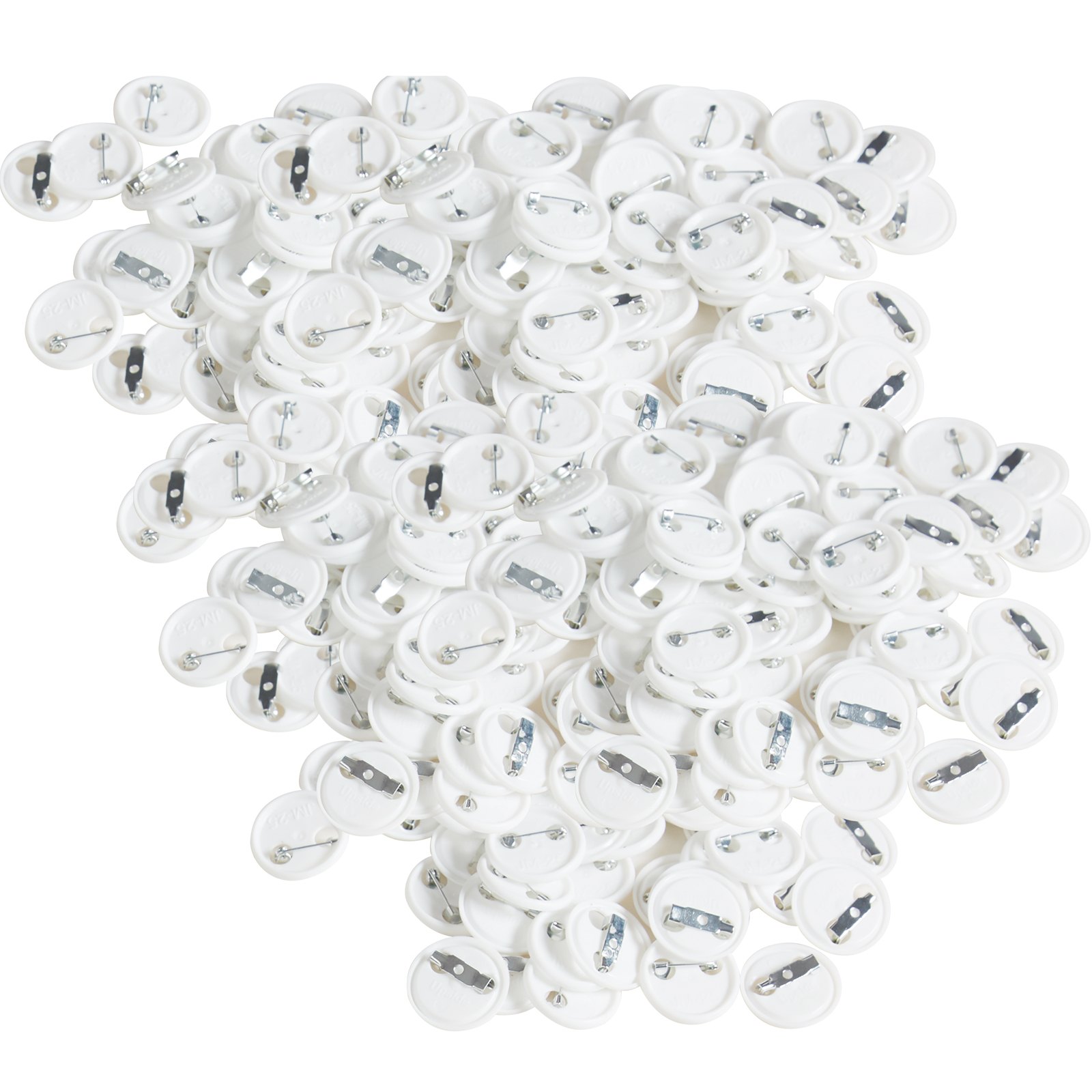 white VEVOR button badge parts in bulk with metal safety pins.