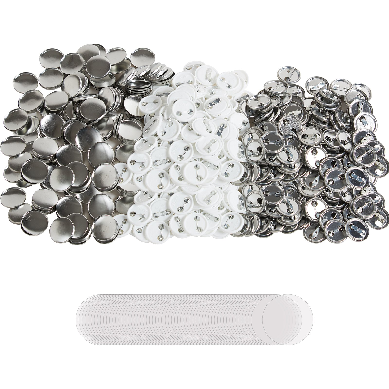 VEVOR button badge parts including metal fronts, backs with pins, and blank paper inserts organized in rows.