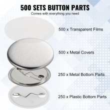 VEVOR 500 Sets 1.25 inch 32mm Pin Back Button Parts for Button Maker Machine, DIY Round Button Badge Parts, Set Includes Metal Top, Plastic/Metal Button, Clear Film, and Blank Paper For Gifts Presents.Badge machine not included