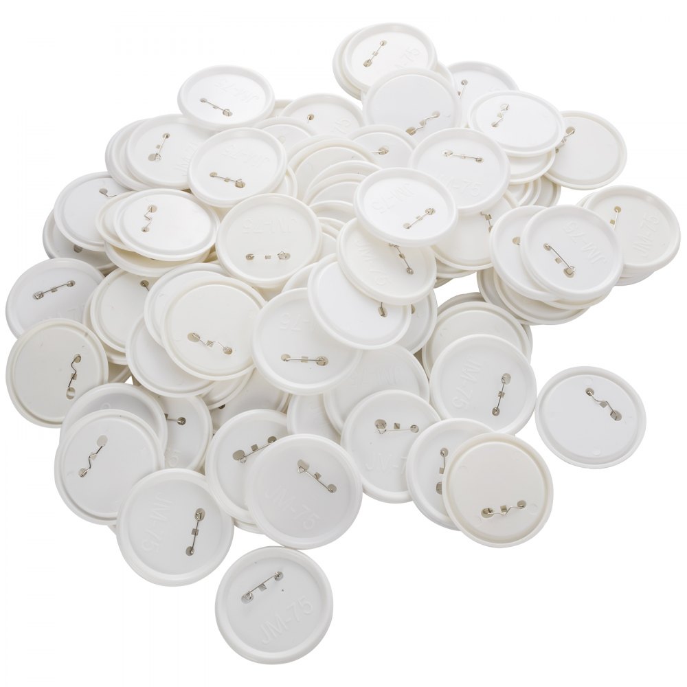 white VEVOR button maker parts with pinbacks, scattered in a pile.