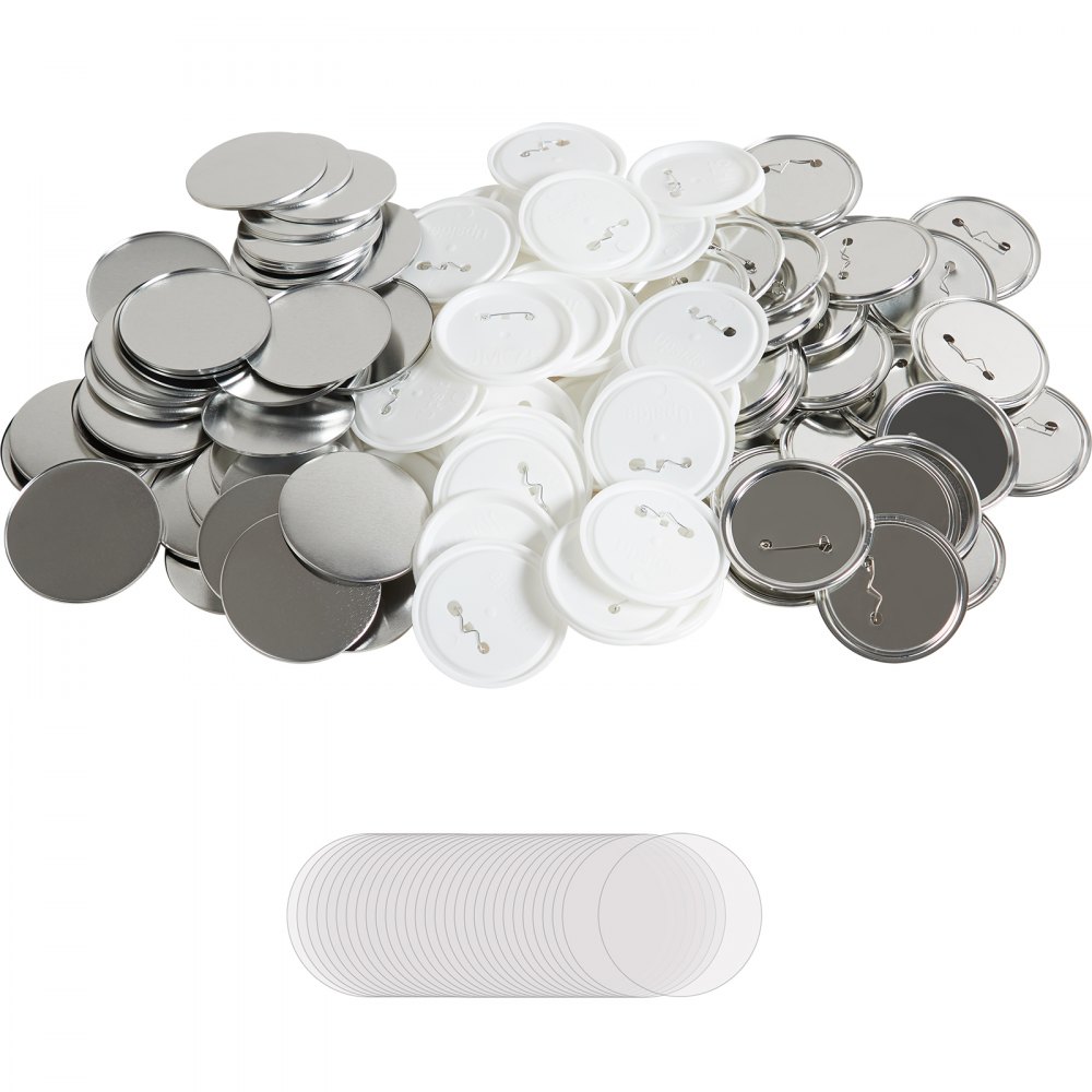 VEVOR button maker parts including metal button fronts, plastic backs, and clear covers scattered randomly.