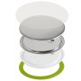 VEVOR button maker parts assembled, featuring metal pin back, plastic ring, and protective cover.