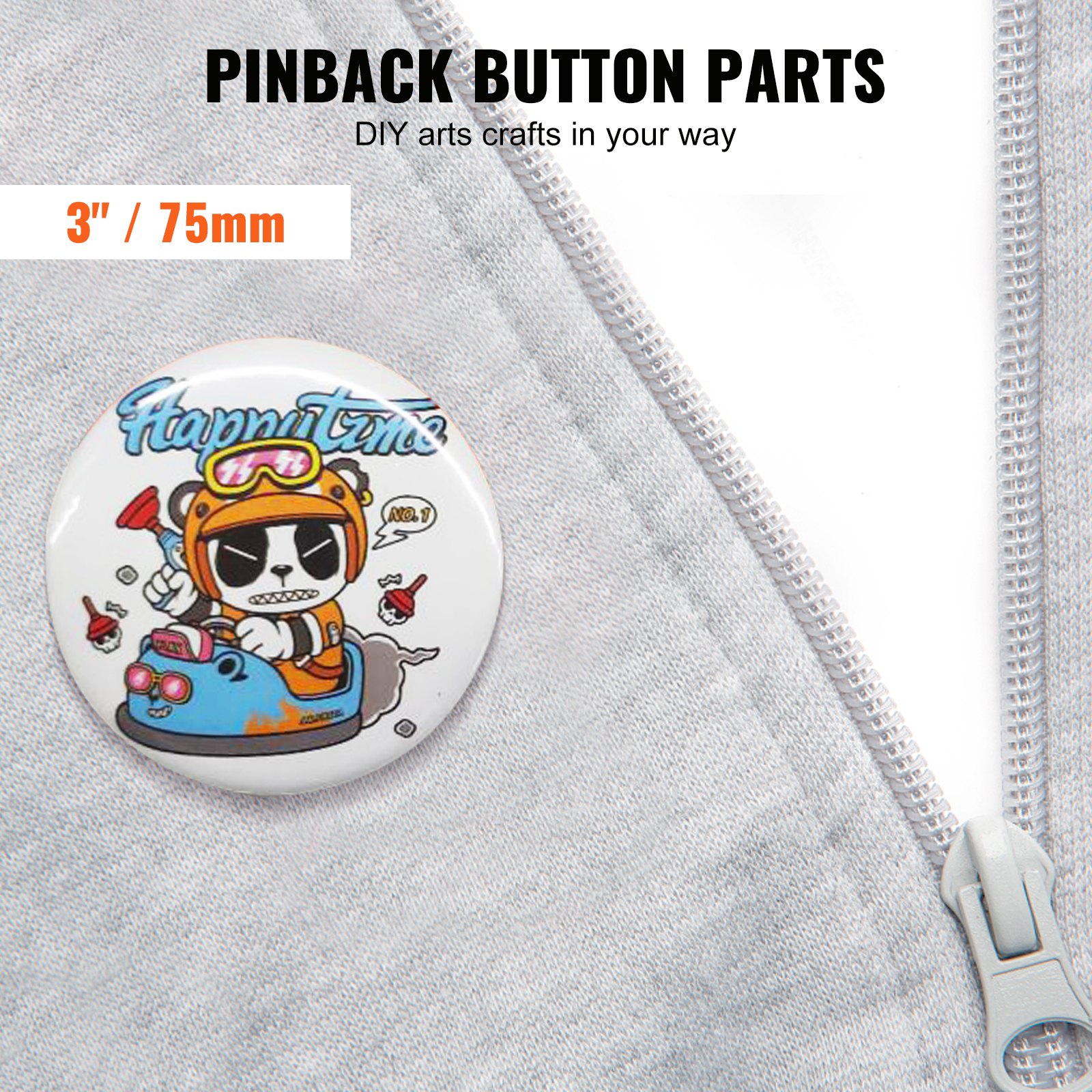 pinback with cartoon dog on light gray fabric, VEVOR button maker parts, 3&quot;/75mm size.